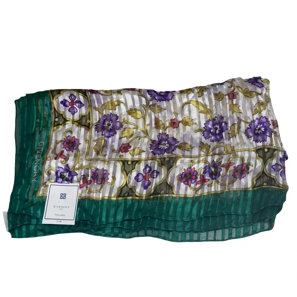 Givenchy NEW! 100% SILK scarf purple green floral striped original Tag Luxury - Picture 8 of 8